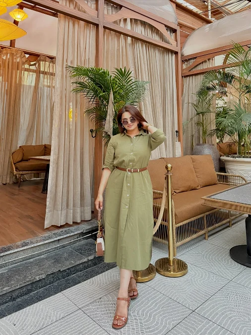 Olive Button Front Midi Dress