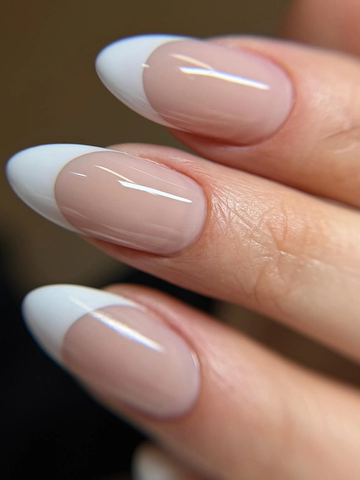 Glossy White French Almond Nails