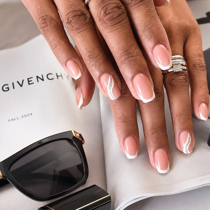 Curved French Tips with Silver Accents