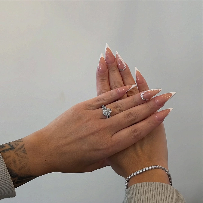 White French Stiletto Nails with Pearl Details