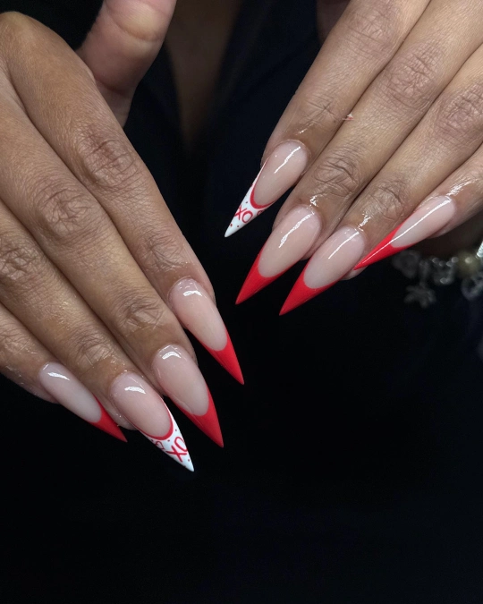 Red French Stiletto Nails with XO Accents