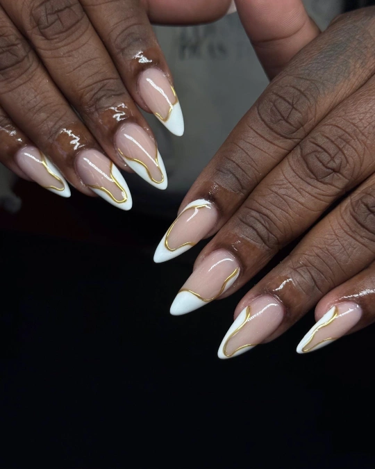  White French Almond Nails with Gold Waves