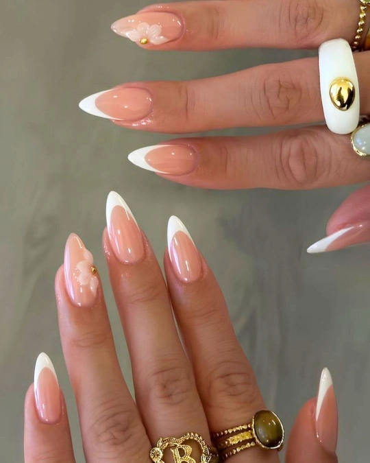 White French Almond Nails with Floral Accents