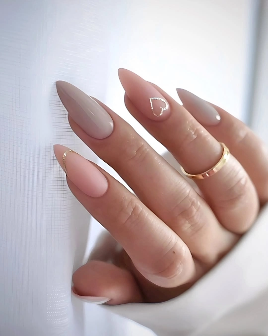 Blush and Taupe Almond Nails with Gold Details