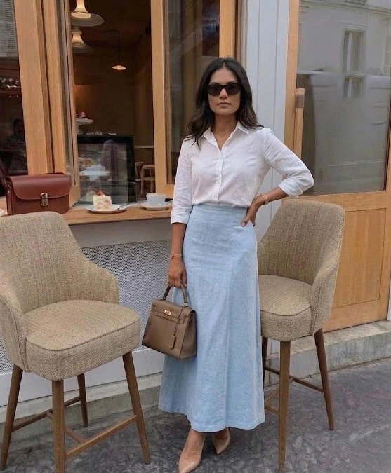 White Shirt With Pale Blue A Line Skirt