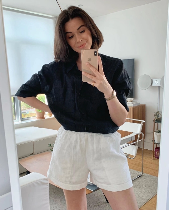 Black Linen Shirt With White Pull On Shorts