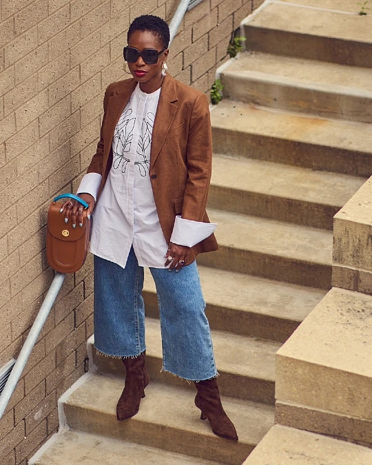 Brown Blazer + Embroidered Tunic + Cropped Jeans