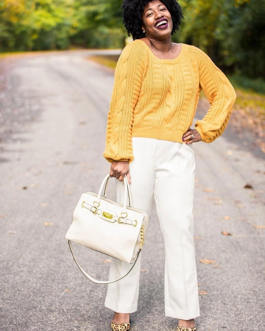 Mustard Knit + White Trousers