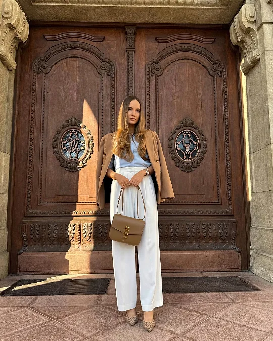 Camel Blazer & Crisp White Trousers