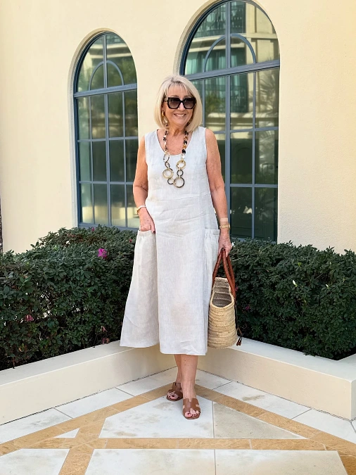 Sleeveless White Linen Midi Dress