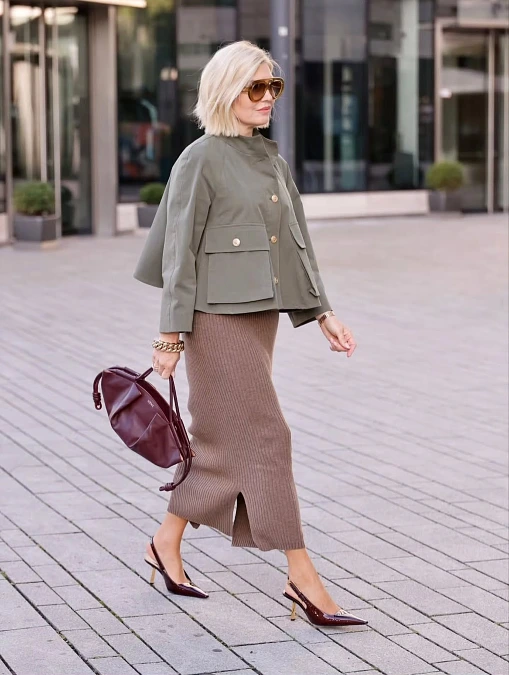 Olive Cape Jacket and Ribbed Skirt