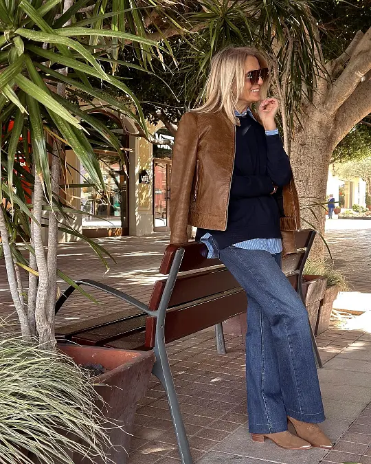 Brown Leather Jacket and Wide-Leg Jeans
