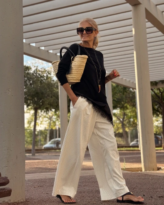Black Knit and Pinstriped Trousers
