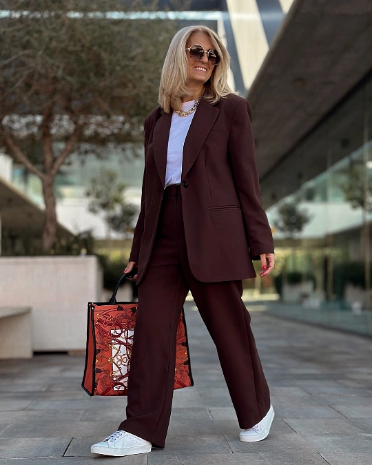 Burgundy Blazer + Trousers + White Sneakers