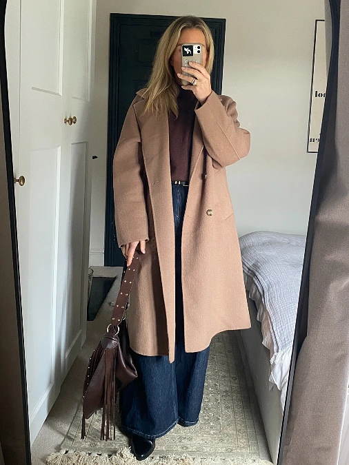 Camel Coat and Dark Wide-Leg Denim