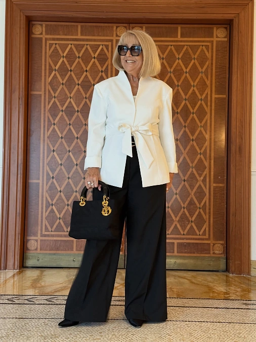 Ivory Belted Jacket and Black Trousers