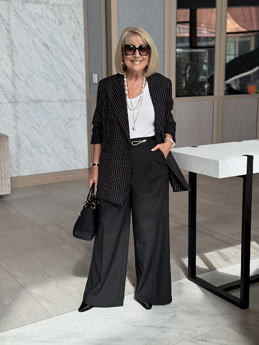 Pinstripe Blazer and Wide-Leg Trousers