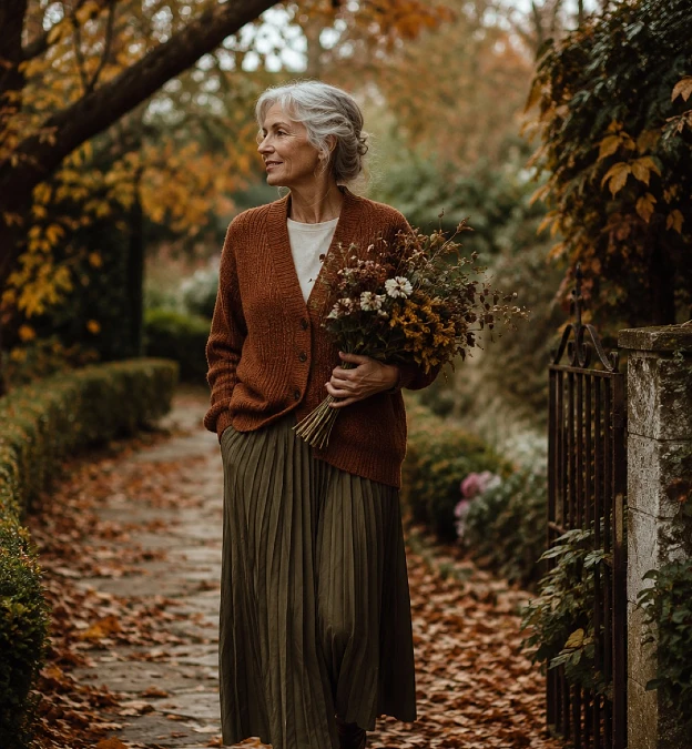 Rust Cardigan and Olive Pleated Skirt