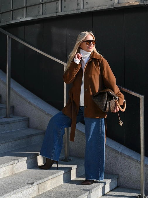 Brown Jacket and Wide-Leg Jeans