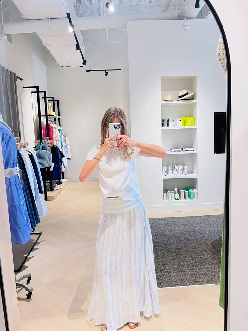 White Tee + Blue Striped Maxi Skirt