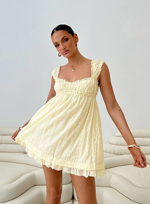 Butter Yellow Eyelet Mini Dress