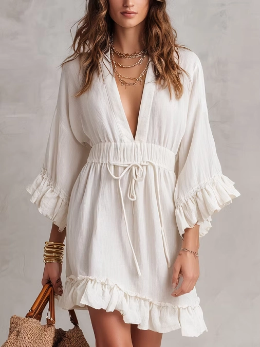 Ivory Drawstring Ruffle Dress
