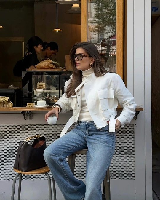 White Jacket and Wide-Leg Jeans
