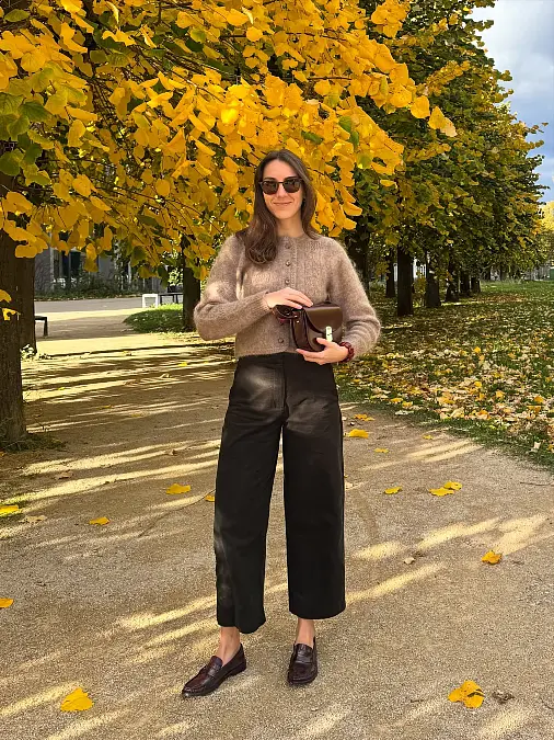 Taupe Cardigan + Cropped Black Trousers