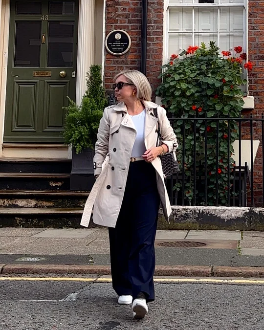 Trench Coat + Navy Wide-Leg Trousers