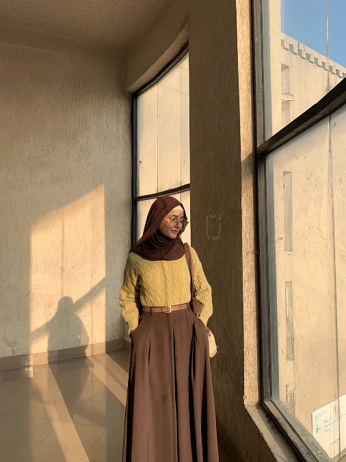 Mustard Knit and Chocolate Pleats