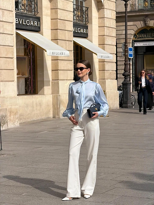 Powder Blue Blouse and White Trousers