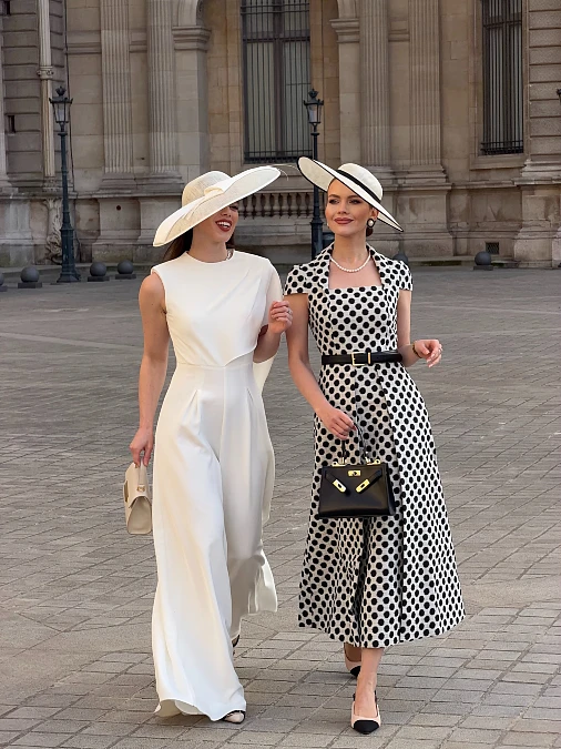 White Jumpsuit and Polka-Dot Midi