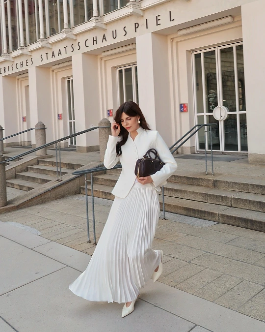 White Blazer and Pleated Maxi