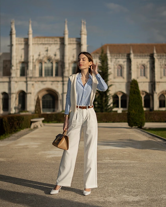 Blue Stripes and White Trousers