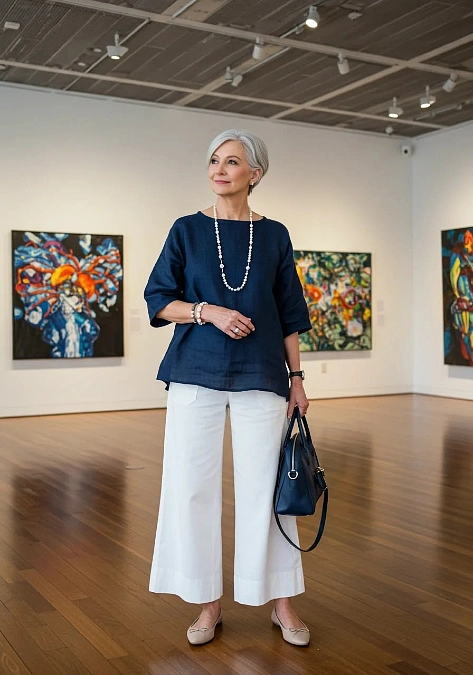 Navy Tunic + White Wide-Leg Trousers