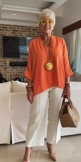 Orange Tunic and Cream Cropped Pants