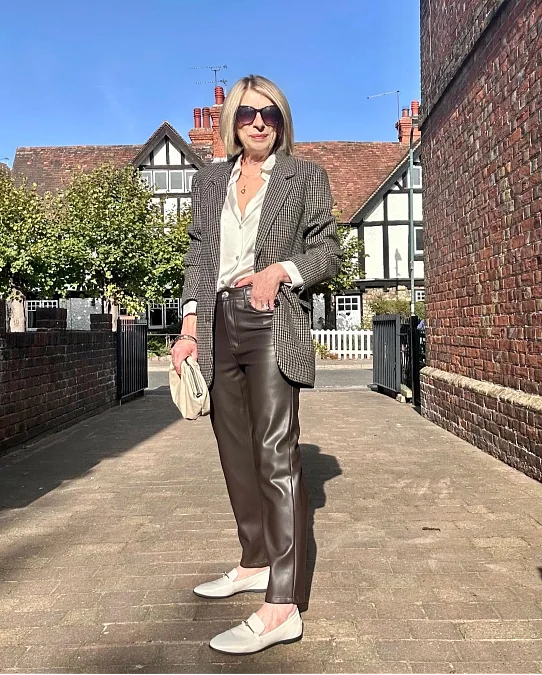 Checked Blazer + Satin Blouse + Leather Trousers