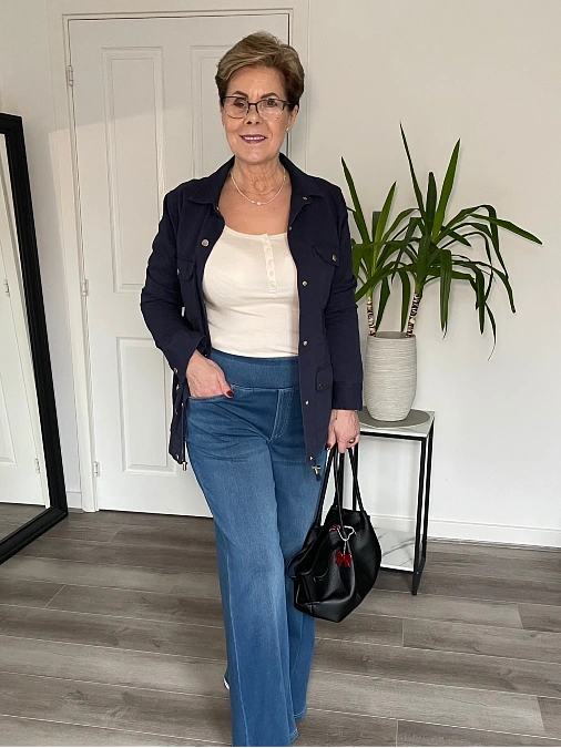 Navy Utility Jacket and Wide-Leg Jeans
