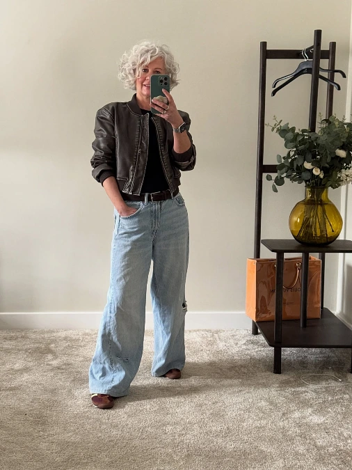 Cropped Leather Jacket and Wide-Leg Jeans