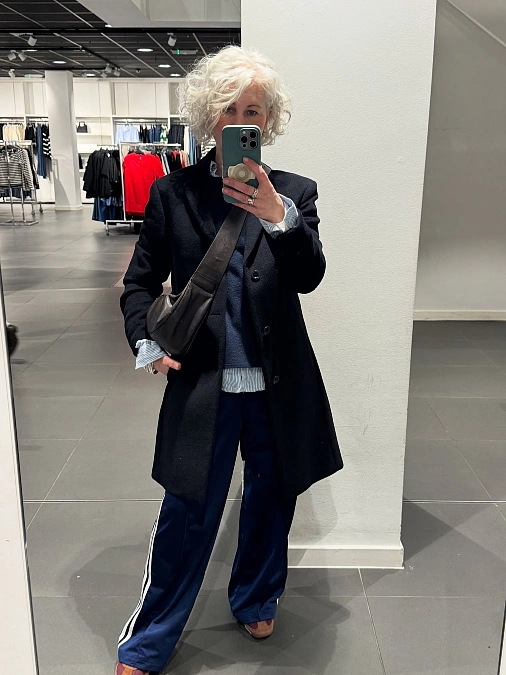 Tailored Coat and Sporty Navy Trousers