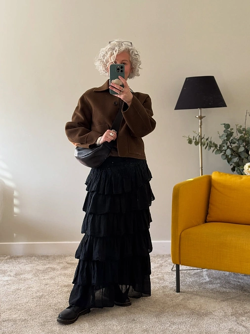 Brown Cropped Jacket and Tiered Black Skirt