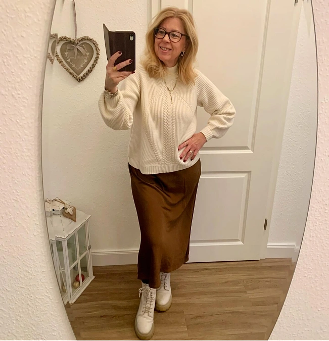 Cream Knit + Satin Midi Skirt + Lace-Up Boots