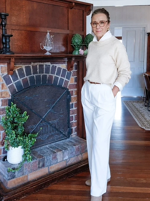 Cream Sweater and White Tailored Trousers
