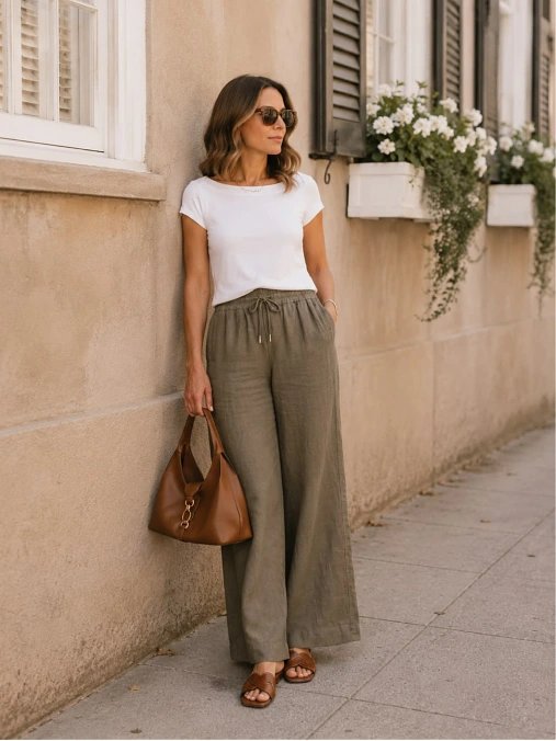 White Tee + Olive Linen Trousers