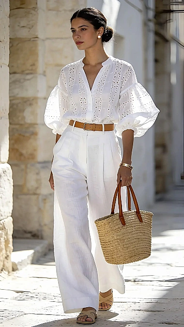 White Eyelet and Wide-Leg Trousers