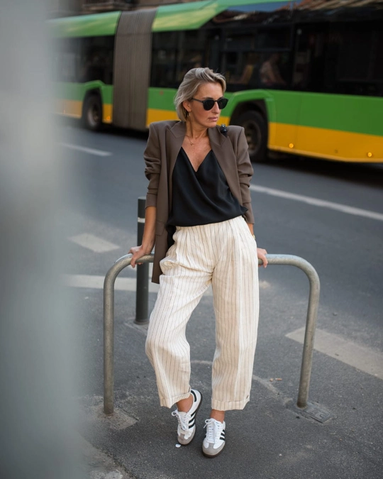 Taupe Blazer and Pinstripe Trousers