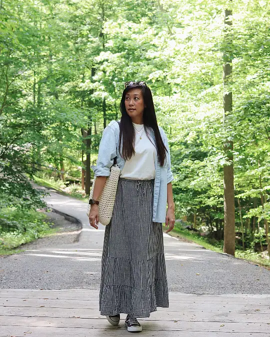 Gingham Maxi Skirt and Sneakers
