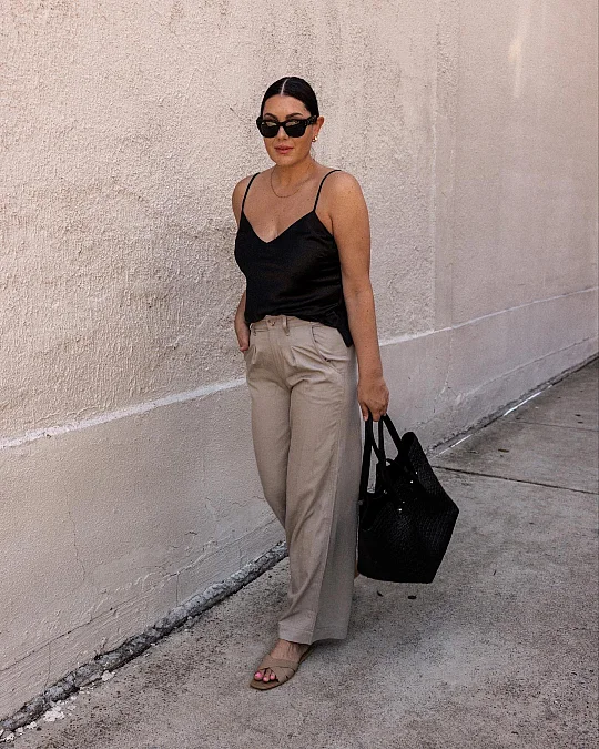 Black Camisole and Taupe Trousers
