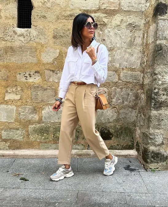 White Utility Shirt + Camel Trousers