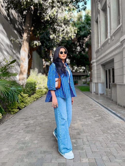 Cobalt Stripes and Wide-Leg Denim